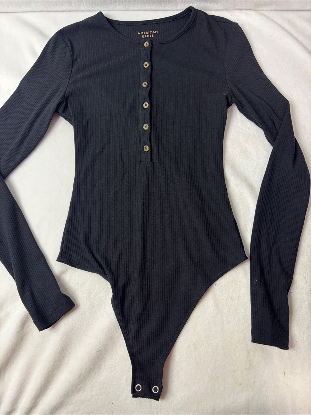 American Eagle Outfitters Black Ribbed Henley Long-Sleeve Bodysuit